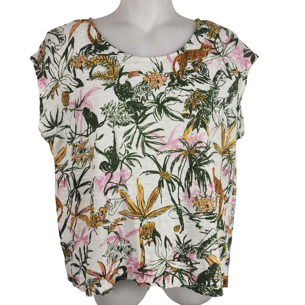 Rachel Zoe Women Top Floral 100% Linen Button Back Tropical Jungle Safari Medium